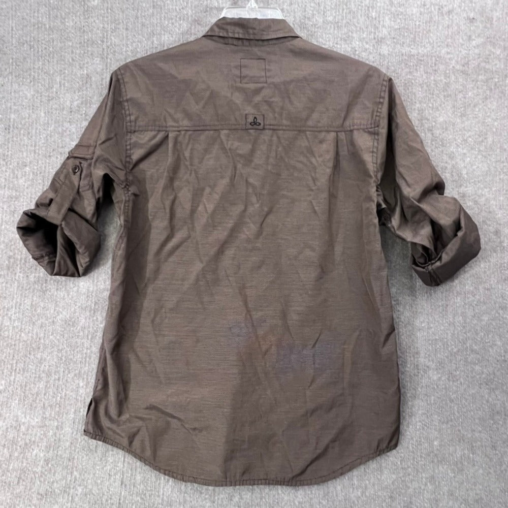Prana Mens Medium Brown Short Roll Sleeve Button Down Shirt Top