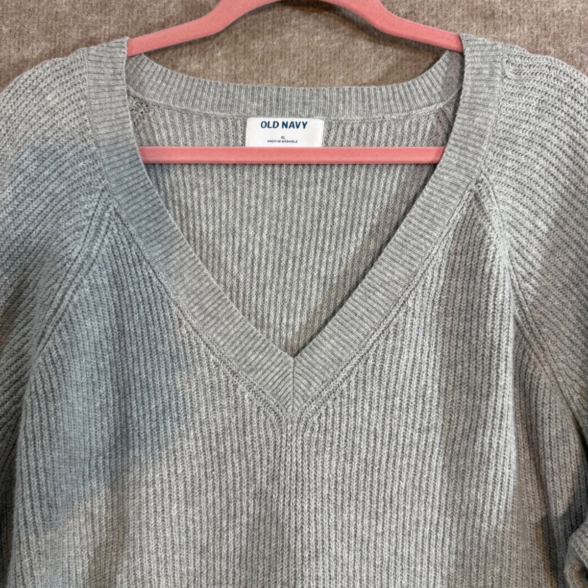 Old Navy V Neck Sweater Womens XL Gray Ribbed Knit Long Sleeve Cotton Blend Cozy