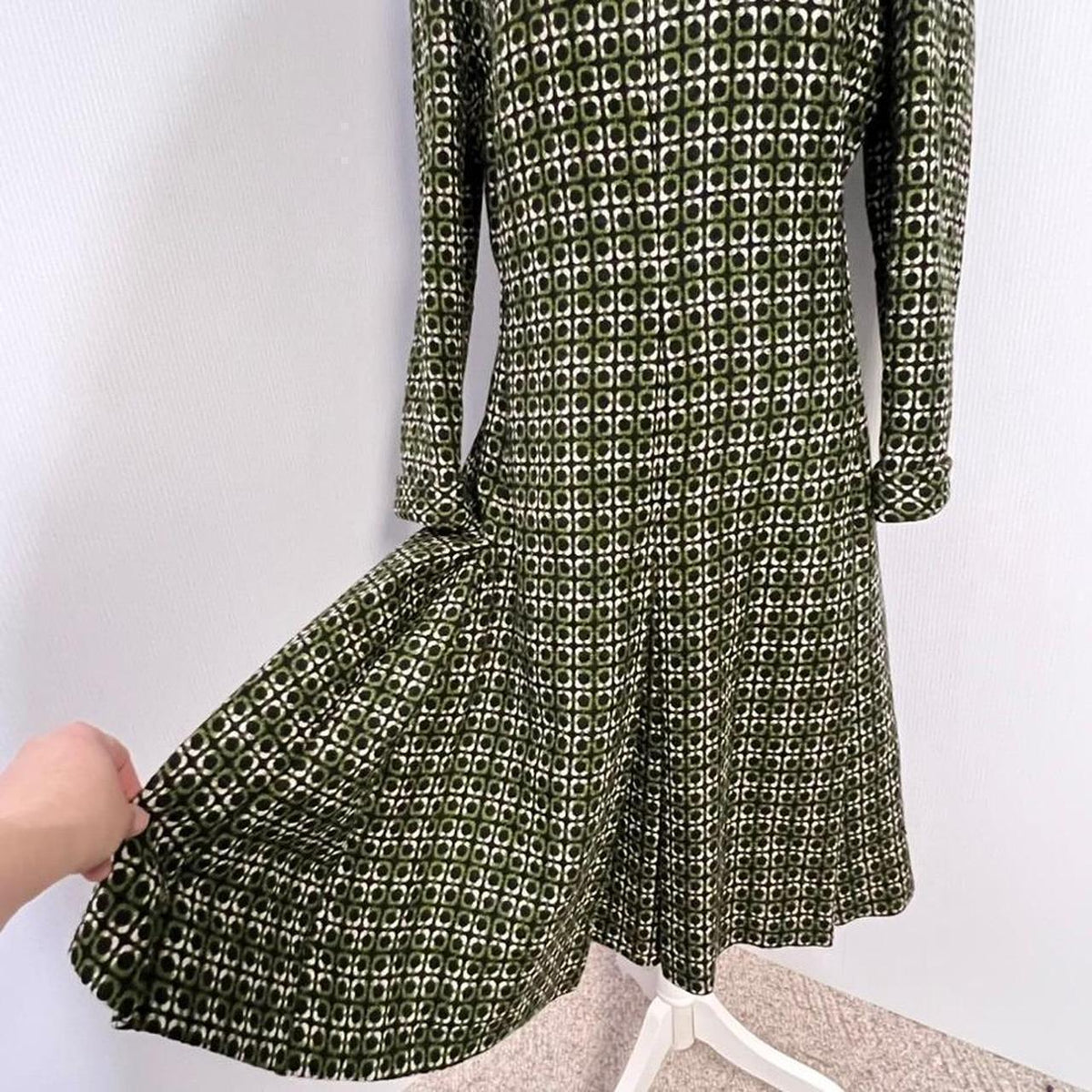 Vintage Green Mod Geo Print Long Sleeve Dress S-M Matching Scarf Retro 60 Style
