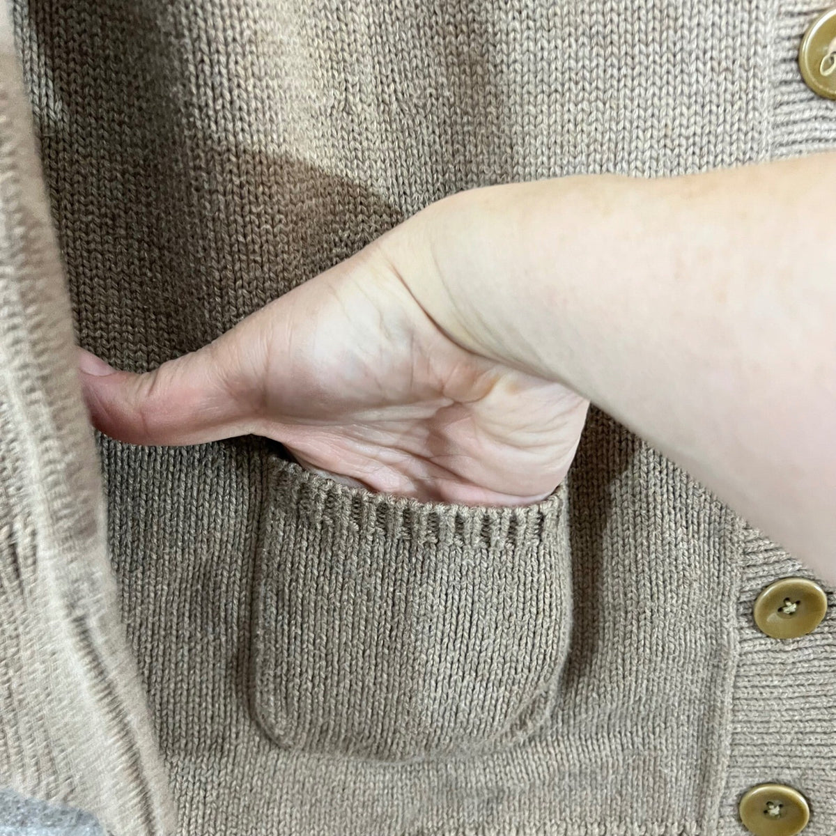 Eddie Bauer Shawl Collar Cardigan Sweater Women XL Tan Cotton Knit Academia