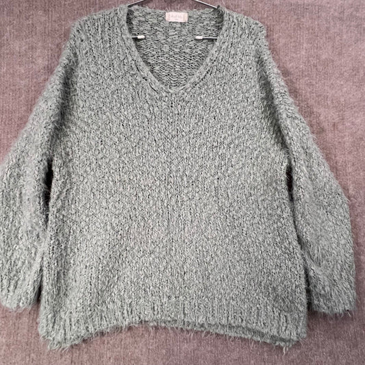 Altard State Green V-Neck Knit Pullover Sweater Fuzzy Cozy Size S/M