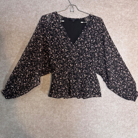 AllSaints Lasia Pepper Top Womens Small Black Floral V-Neck Peplum Blouse