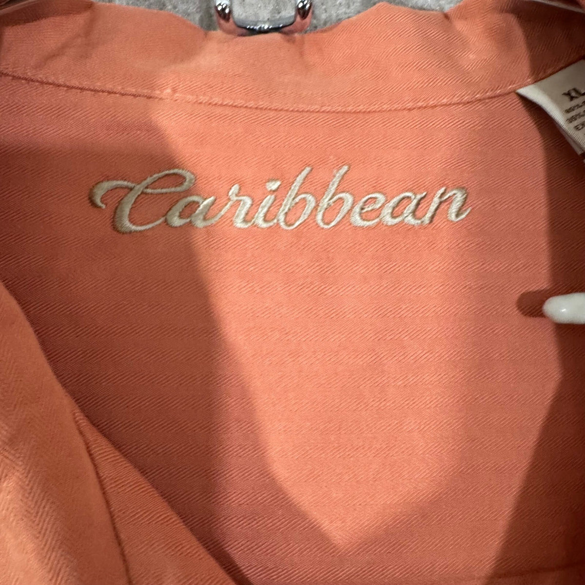 Caribbean Button Up Shirt Mens XL Salmon Palm Tree Embroidered Coastal