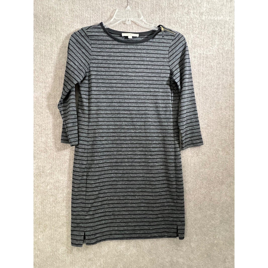 LOFT Gray Black Striped 3/4 Sleeve Knit Shift Dress with Zipper Detail Size S