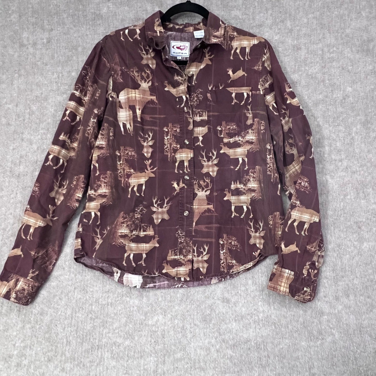 Roper Women's Button Down Shirt Medium Brown Deer Print Western Plaid Rare AOP