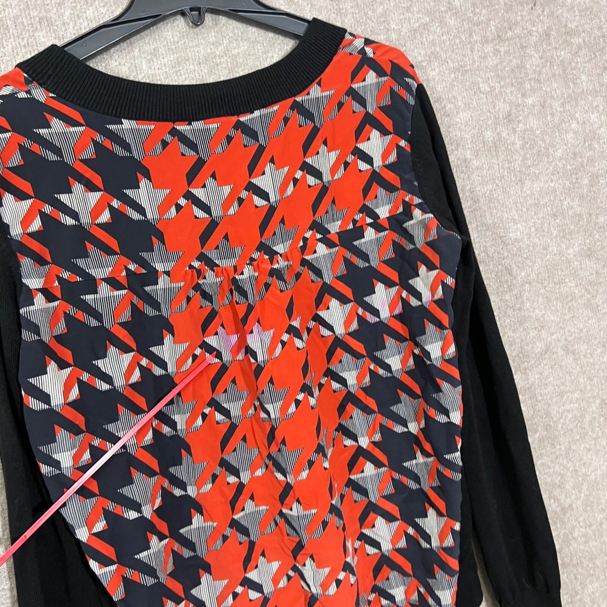 Rebecca Minkoff Silk Cashmere Mixed Media Top Small Red Houndstooth FLAW