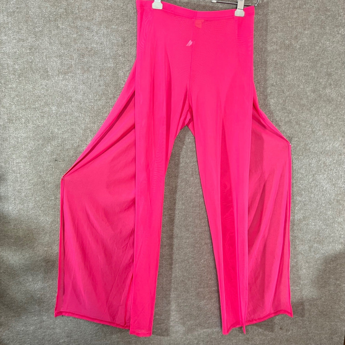 Daisy Sheer Mesh Pants Women L Neon Pink Wide Leg High Side Slit Festival Beach
