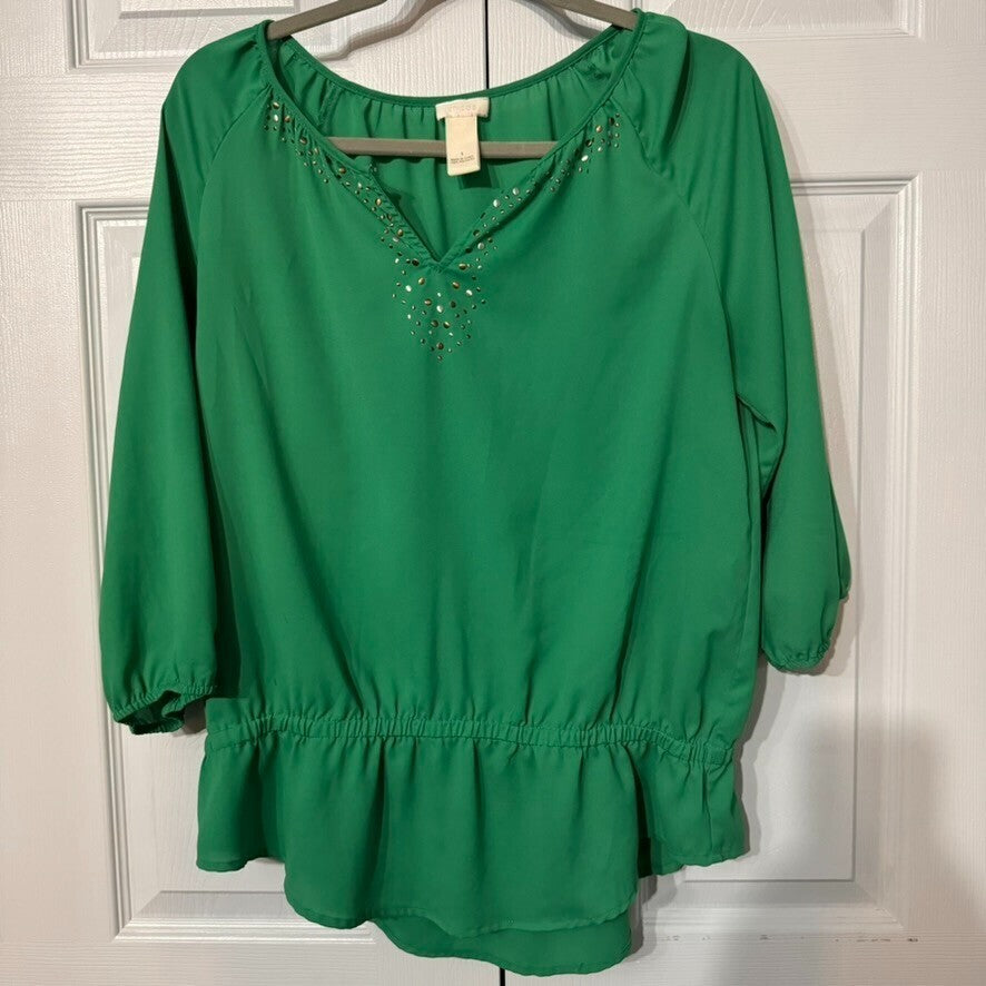 Chicos Sz 1 Kelly Green Blouse V Neck 3/4 Balloon Sleeve Peasant Top Embellished