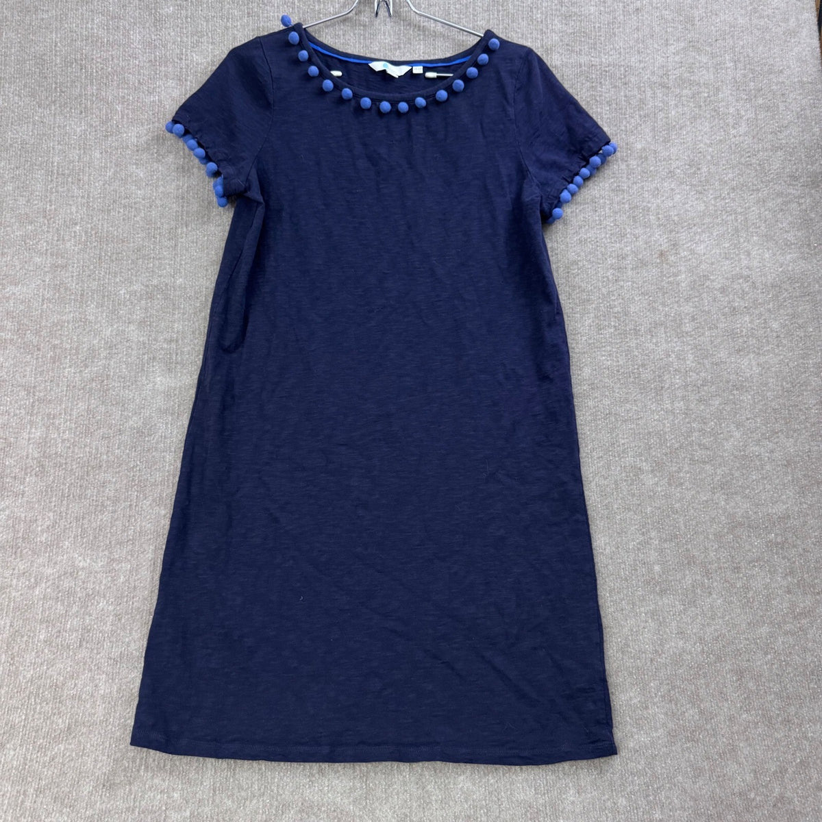 Boden Navy Blue Pom Pom Trim Short Sleeve Casual Dress UK 12 US 8 Cotton