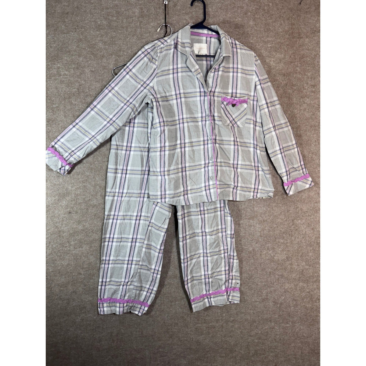 Vintage Victoria's Secret Pajama Set M Gray Plaid Ruffle Trim Cotton Sleepwear