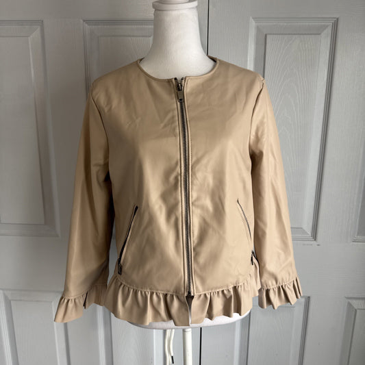 Catherine Malandrino Womens Jacket Size M Cream Moto Ruffle Hem Full Zip