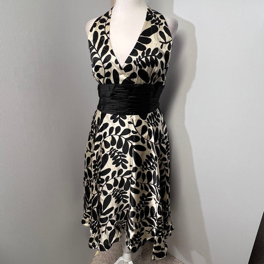 Maggy London Silk Baby Doll Tropical Print Halter Dress Cocktail Party Midi