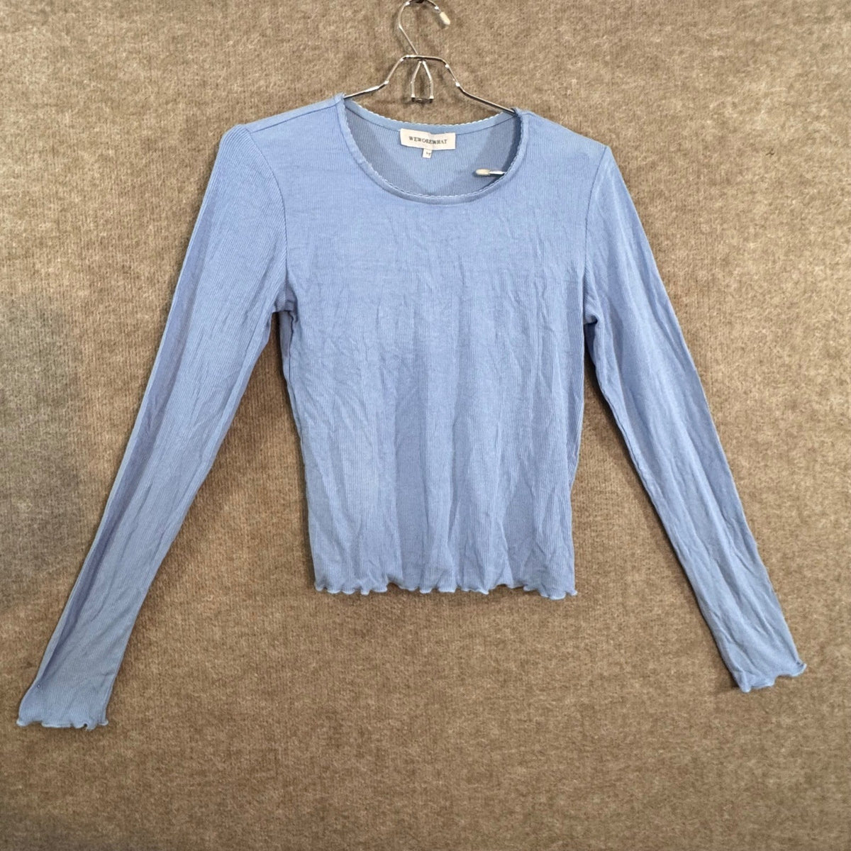 WeWoreWhat Ribbed Long Sleeve Top Womens Large Blue Lettuce Trim Coquette
