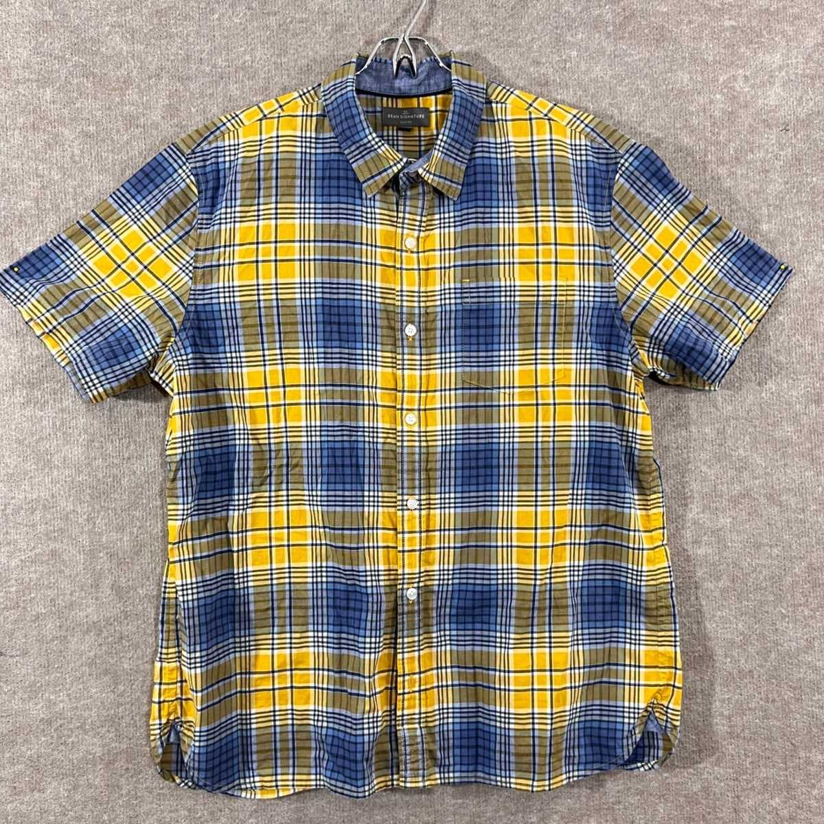 LL Bean Signature Shirt Men Large Slim Fit Yellow Blue Plaid Short Sleeve Cotton