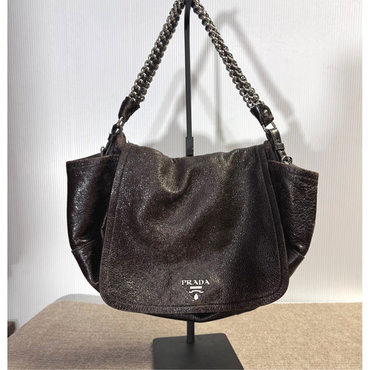 Prada Cervo Lux Leather Chain Shoulder Bag Women Metallic Distressed Flap Luxury