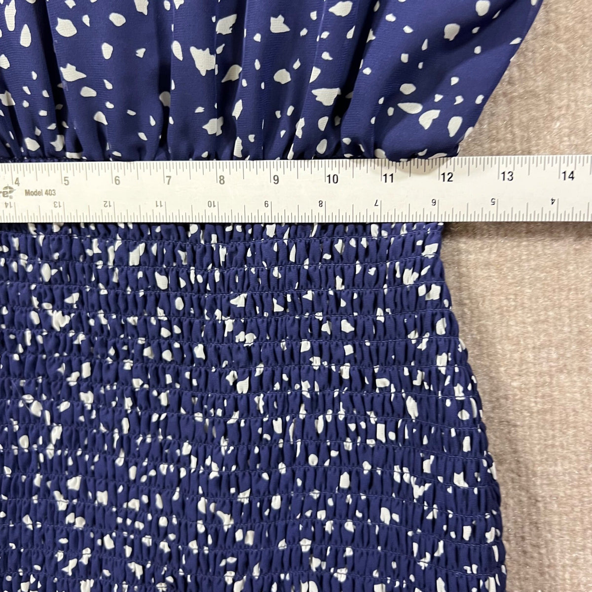 AQUA Navy Blue White Speckled Print Ruffle V Neck Smocked Waist Dress Size S