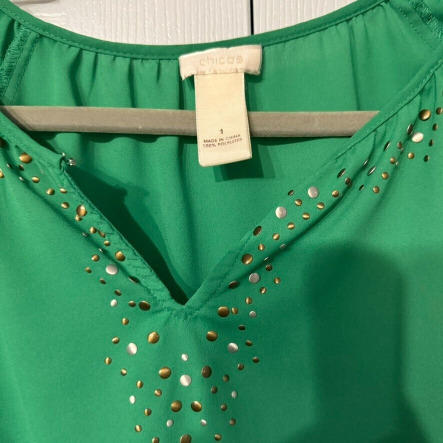 Chicos Sz 1 Kelly Green Blouse V Neck 3/4 Balloon Sleeve Peasant Top Embellished