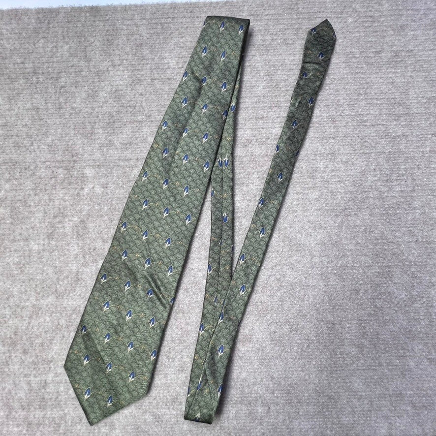 Bill Blass Black Label Silk Necktie Olive Green Blue Art Deco Pattern Elegant