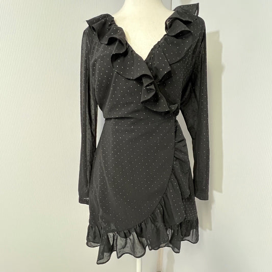 ALLSAINTS Niyah Shimmer Wrap Dress Black Ruffle V Neck Long Sleeve Mini S