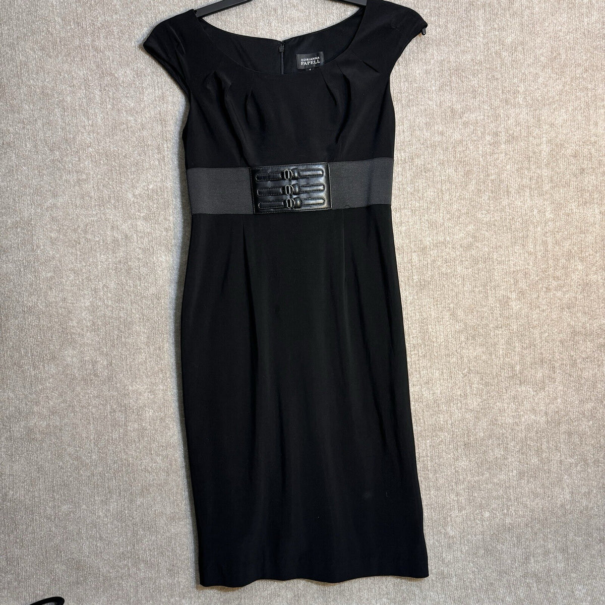 Adrianna Papell Size 4 Black Dress with Faux Leather Waist Cinch - Goth Style