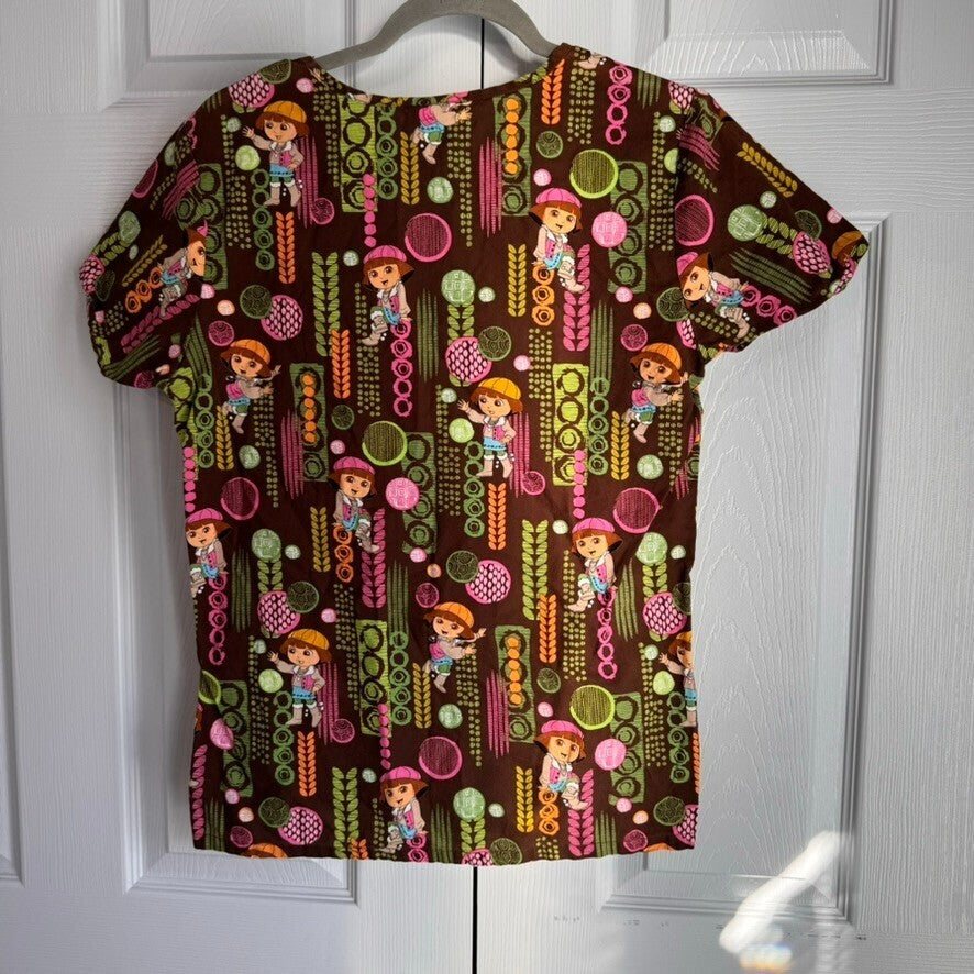 Nickelodeon Dora the Explorer Women's Size S Brown Patterned Scrub Top