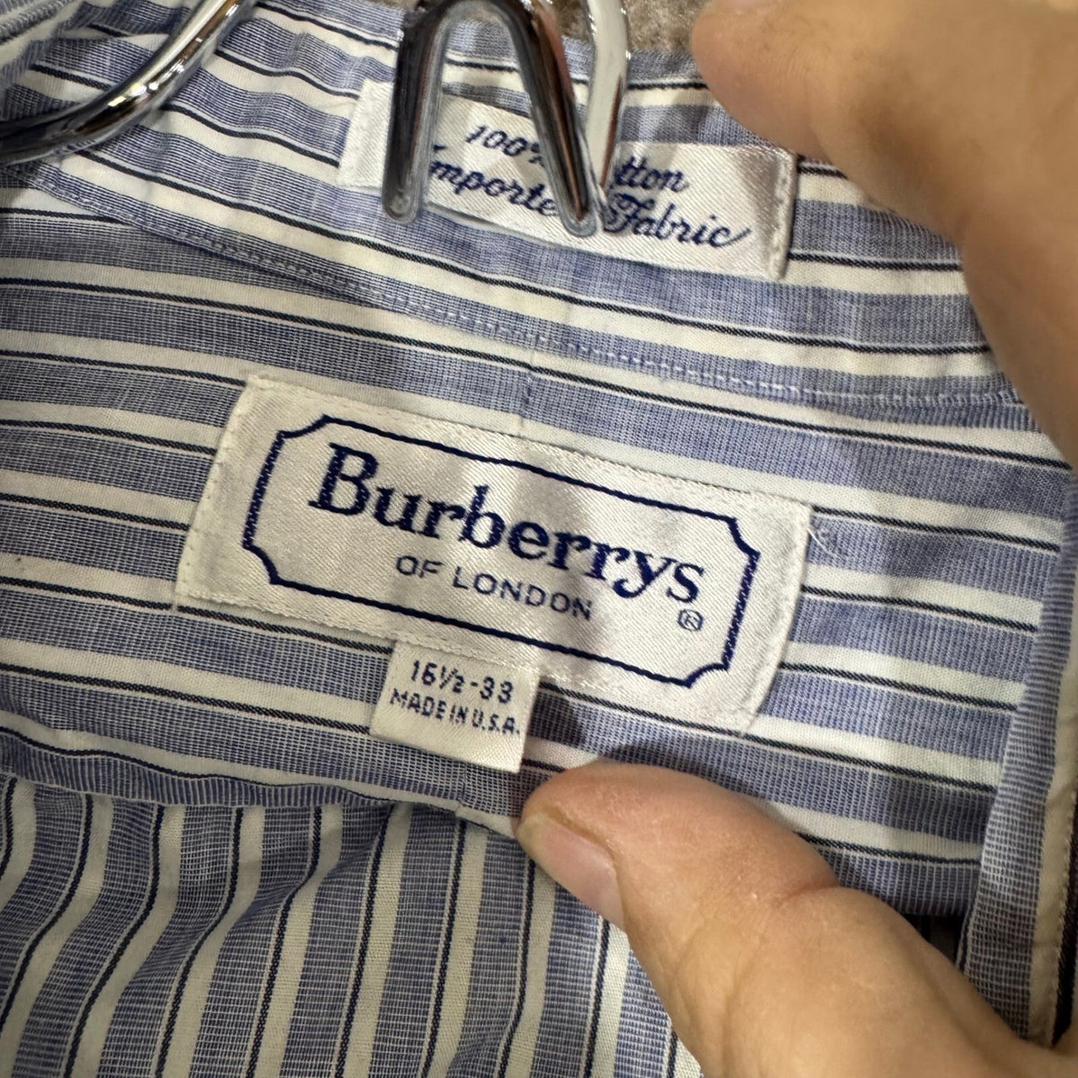 Vintage Burberrys Button Down Shirt Mens 16.5 33 Blue Striped Cotton Minimalist