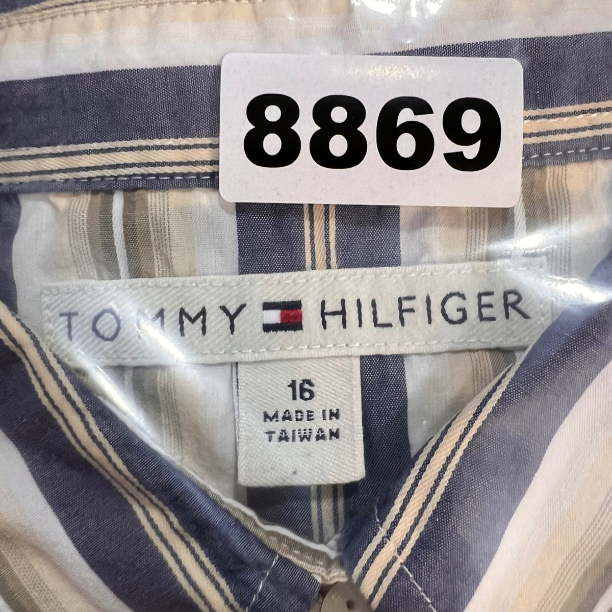 Tommy Hilfiger Striped Button Down Shirt Womens 16 Blue Tan Cotton Preppy