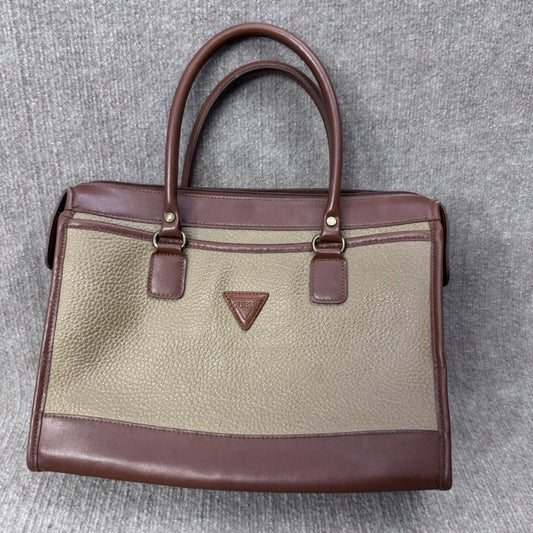 Vintage Guess Satchel Handbag, Structured Shoulder Bag, Tan Brown Plaid Lining
