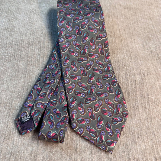 Vintage Christian Dior Monsieur Necktie Men Gray Paisley Silk Designer Retro USA