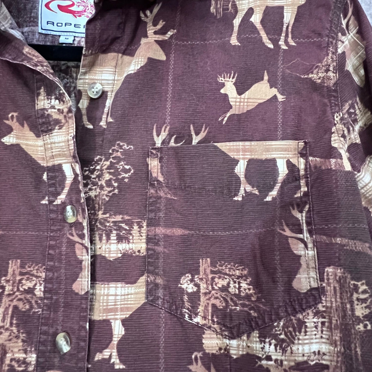 Roper Women's Button Down Shirt Medium Brown Deer Print Western Plaid Rare AOP
