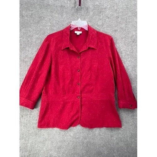 Coldwater Creek Red Textured Button Down 3/4 Sleeve Top XL