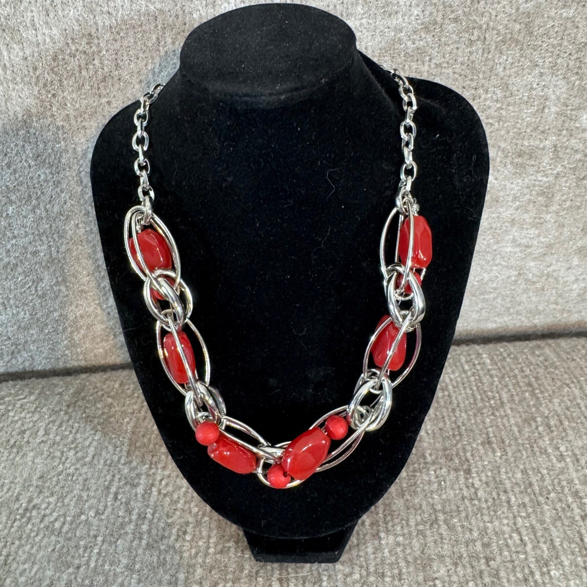 Statement Necklace Women Red Silver Tone Chunky Link Modern Contemporary