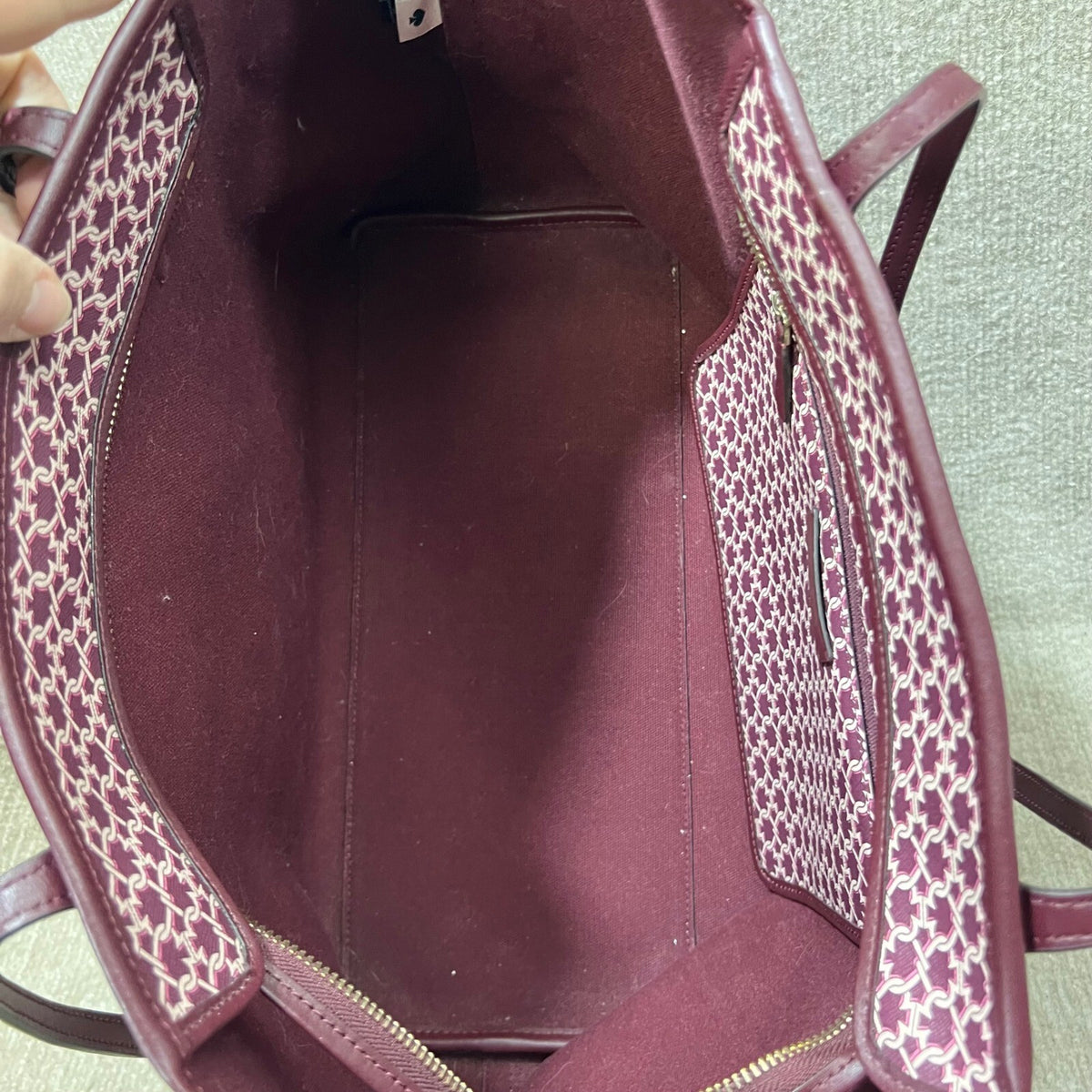 Kate Spade Link Tote Bag Burgundy Signature Logo Print Leather Trim