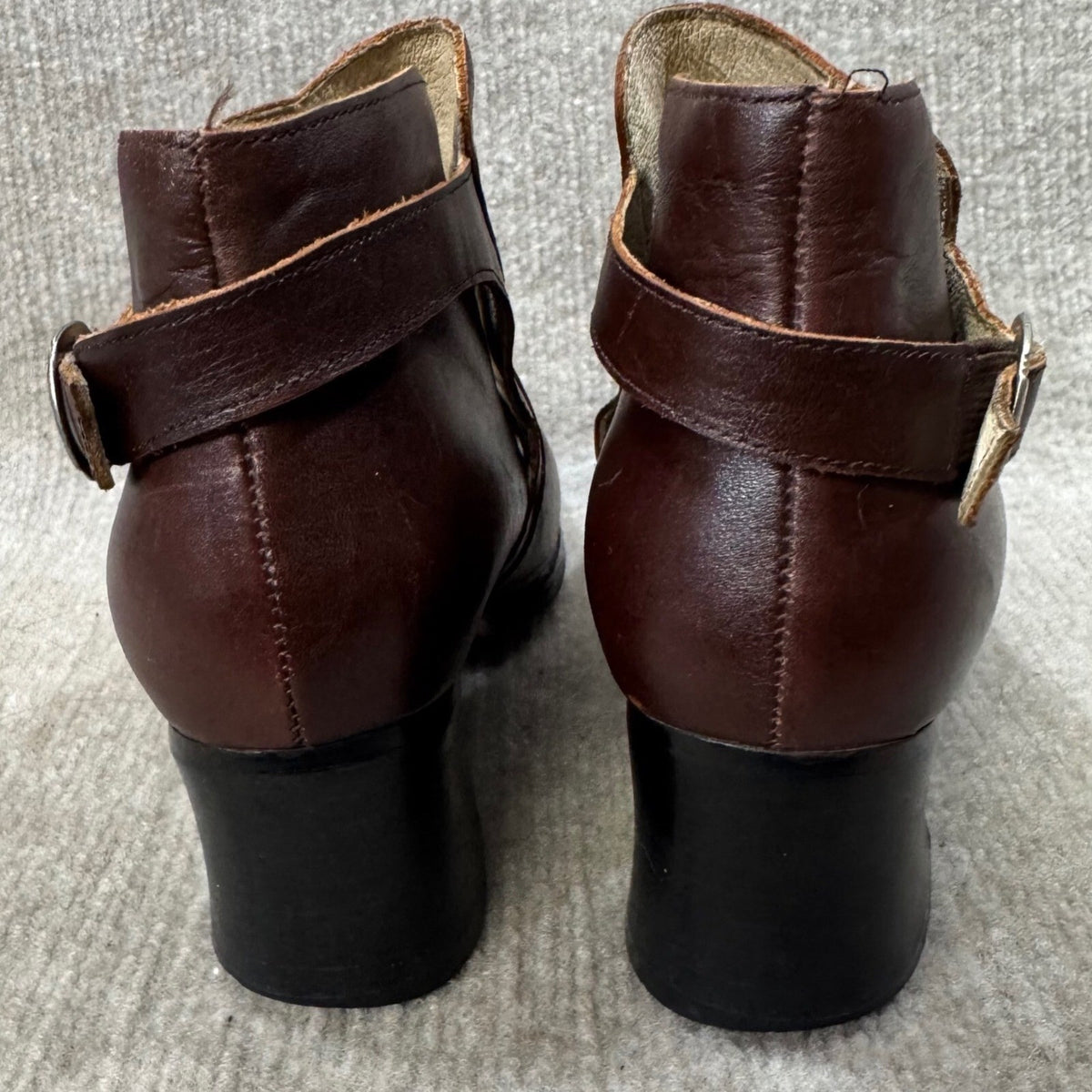 RENIOR Brown Leather Square Toe Ankle Boots Buckle Block Heel Size 37 us 6.5