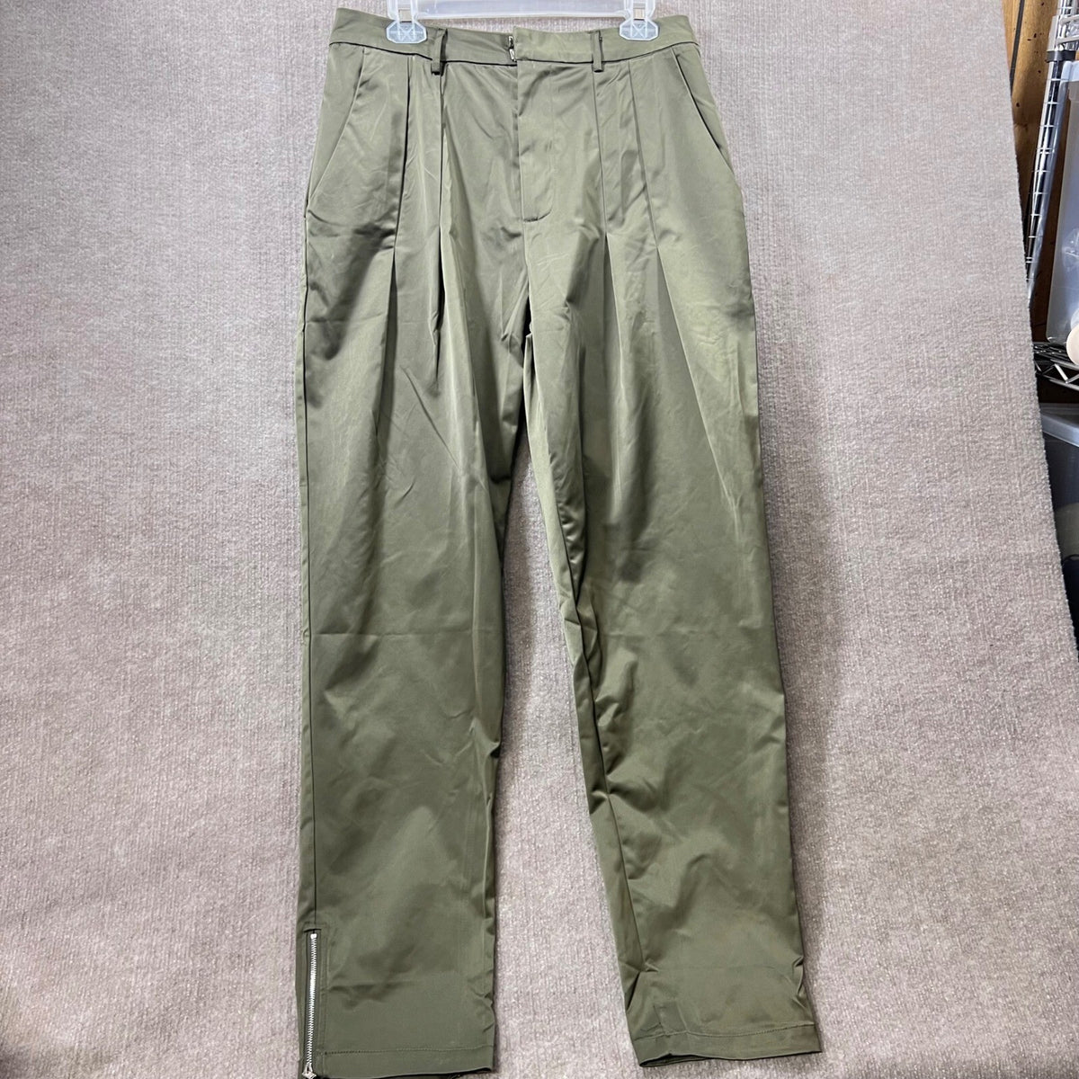 AKIRA Olive Satin Cropped Double Breasted Jacket Pants Suit Set XL ZIp Cuff