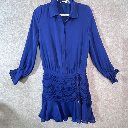 Ramy Brook Ruched Mini Dress Womens Large Blue Long Sleeve Silk Blend Chic