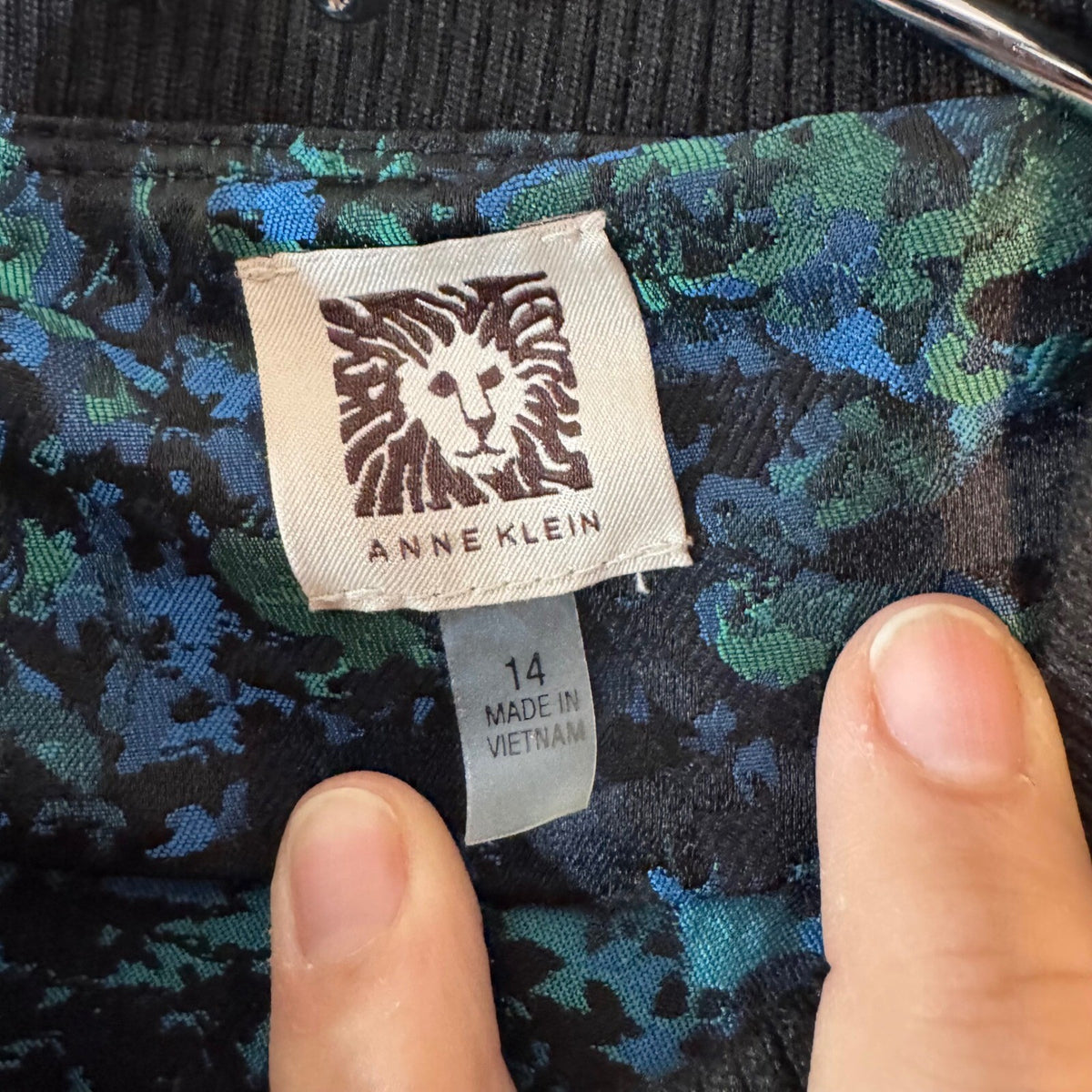 Anne Klein Bomber Jacket Womens 14 Blue Green Jacquard Abstract Zip Up Chic