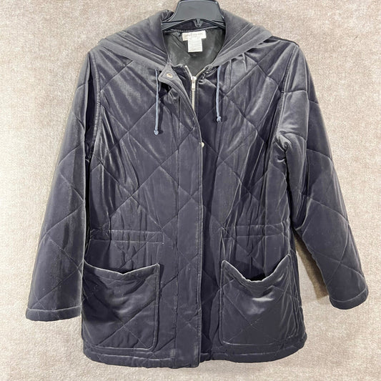 Jones New York Sport Quilted Velvet Hooded Jacket Womens M Black Mid Length Goth