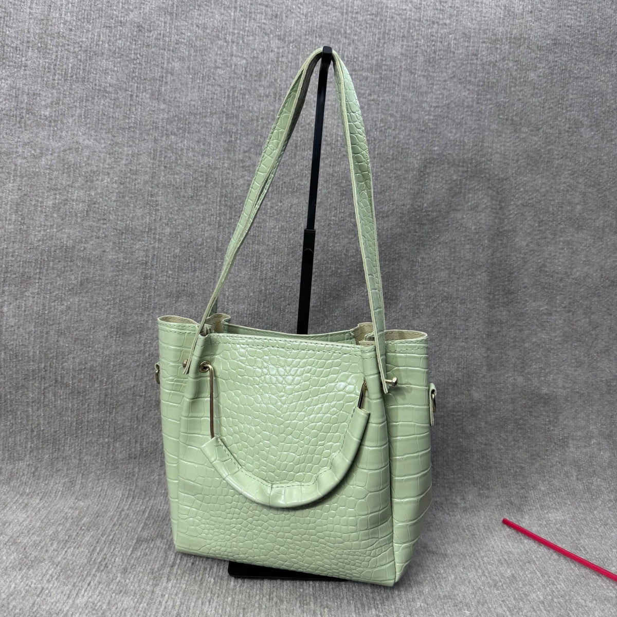 Sage Green Croc Embossed 3 PC Synthetic Purse Set Bucket Bag Crossbody Wallet