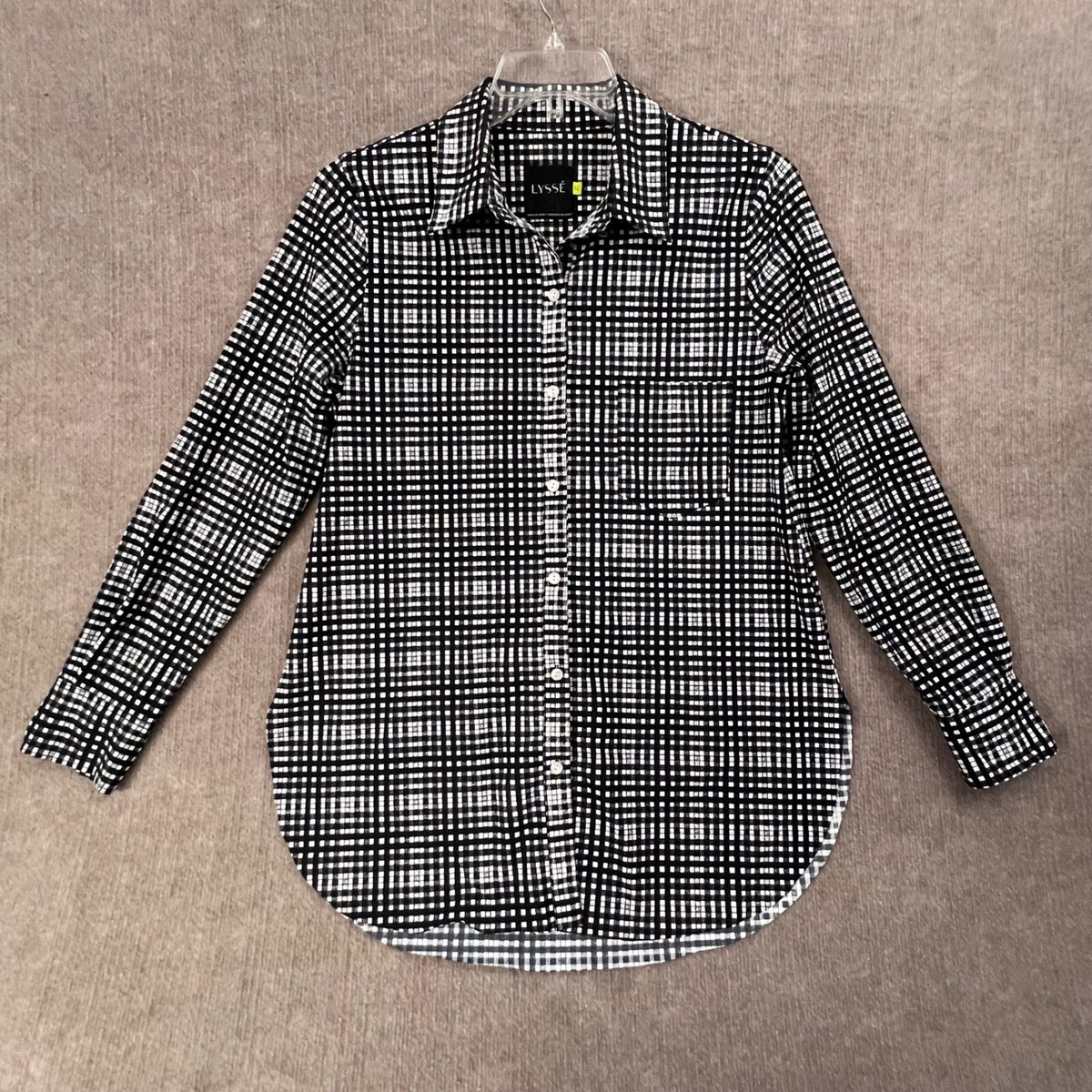Lysse Women's Black White Gingham Check Button Up Long Sleeve Blouse Top M