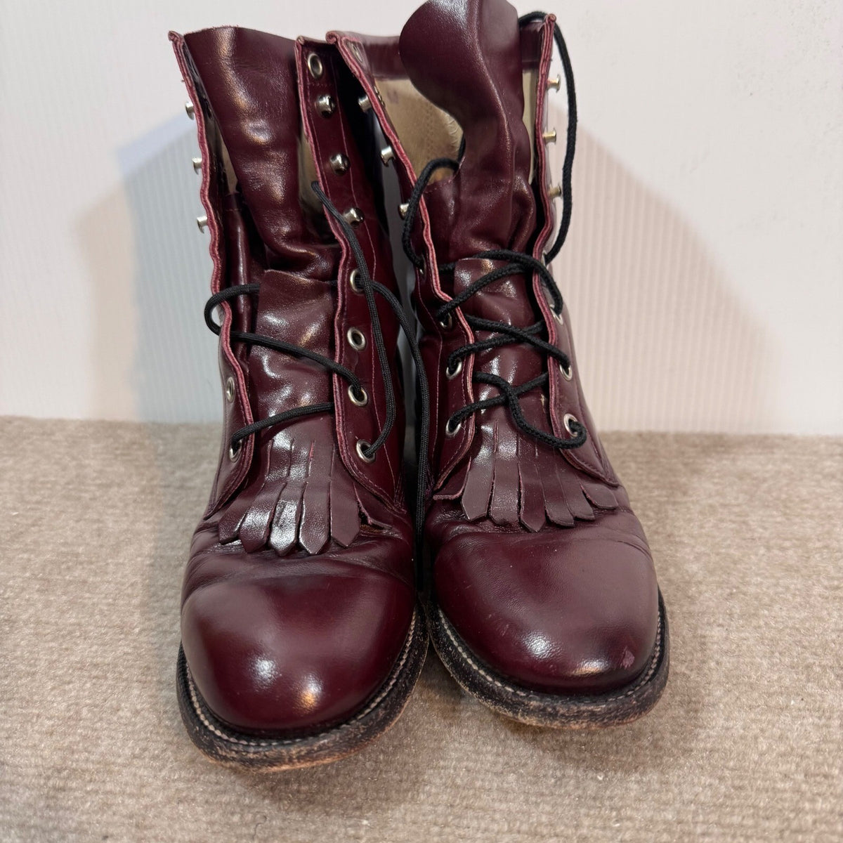 Vintage Justin Lace Up Boots Womens 6B Burgundy Leather Kiltie Western Cowgirl