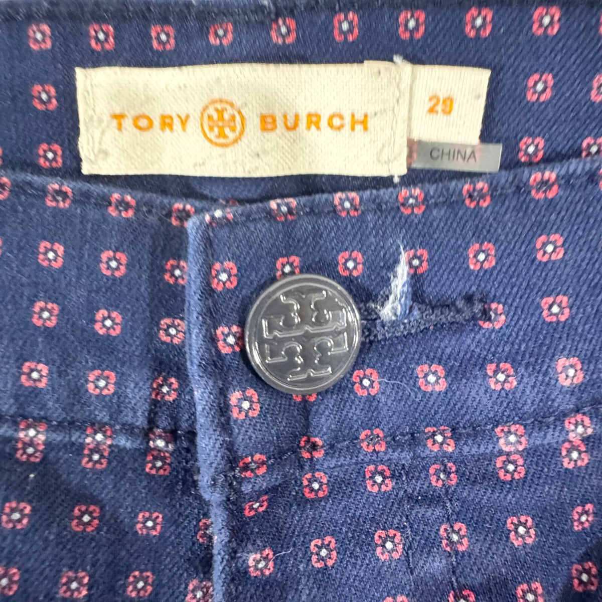 Tory Burch Pants Womens 29 Blue Red Geometric Stretchy Preppy Minimalist
