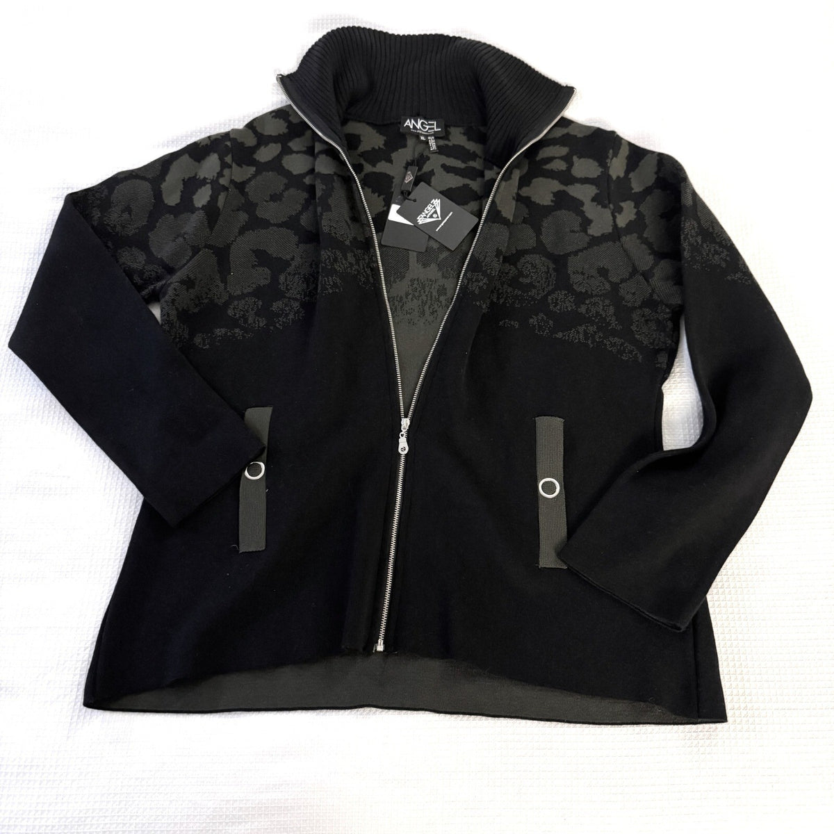 ANGEL Black Olive Leopard Print Full Zip Knit Sweater Jacket Women's XL NWT