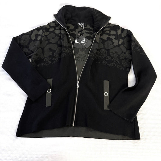 ANGEL Black Olive Leopard Print Full Zip Knit Sweater Jacket Women's XL NWT