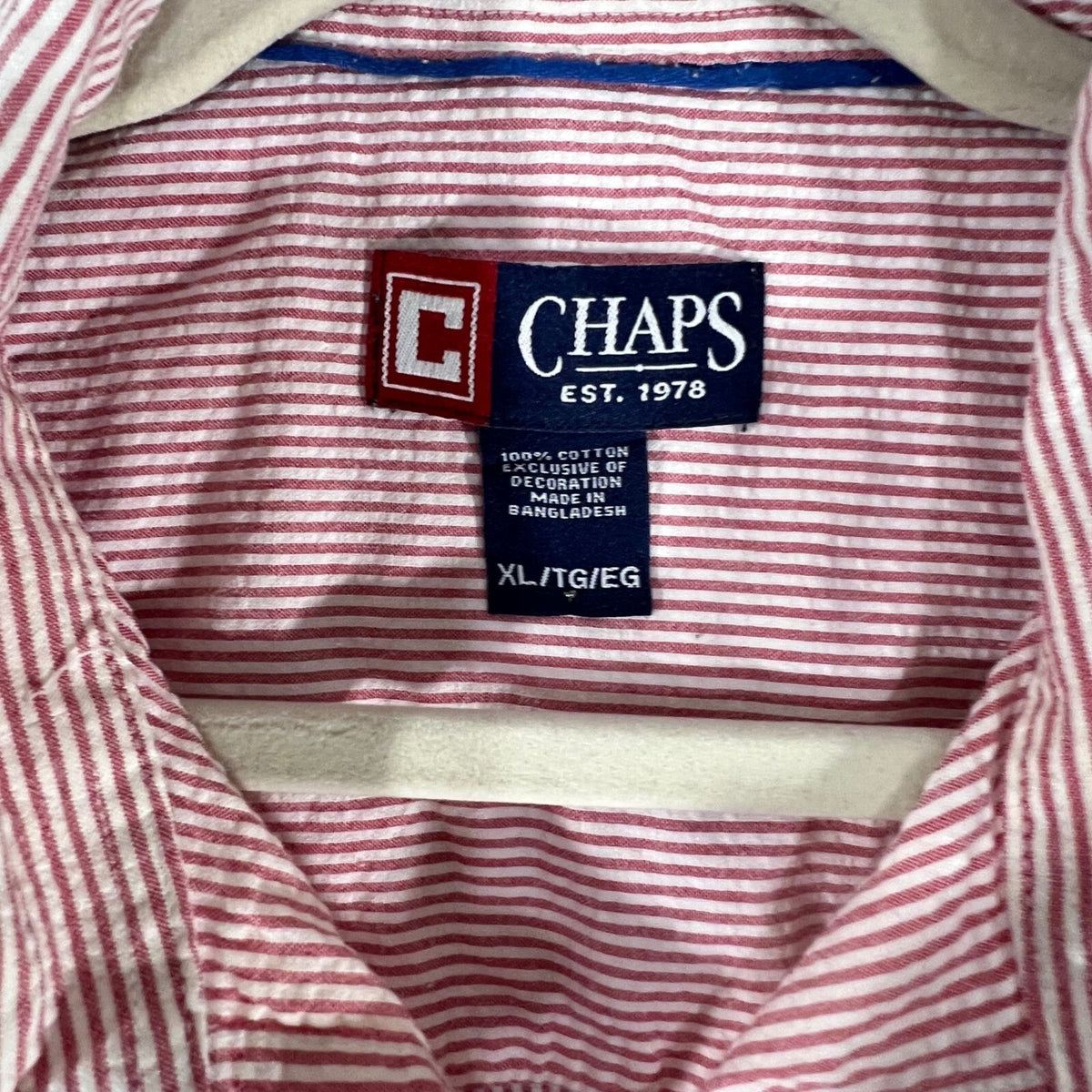 Chaps Button Up Shirt Mens XL Red White Seersucker Striped Short Sleeve Preppy