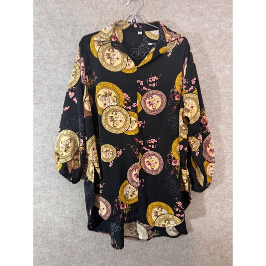 Vintage Tian Tunic Shirt Women XL Black Baroque Medallion Floral Button Up Boho