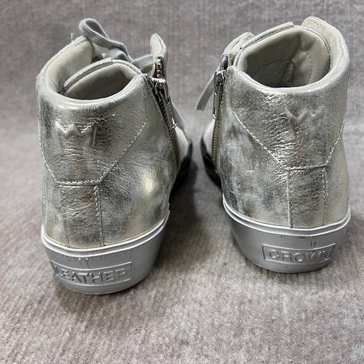Leather Crown High Top Sneakers Metallic Silver White Canvas Side Zip Women 38