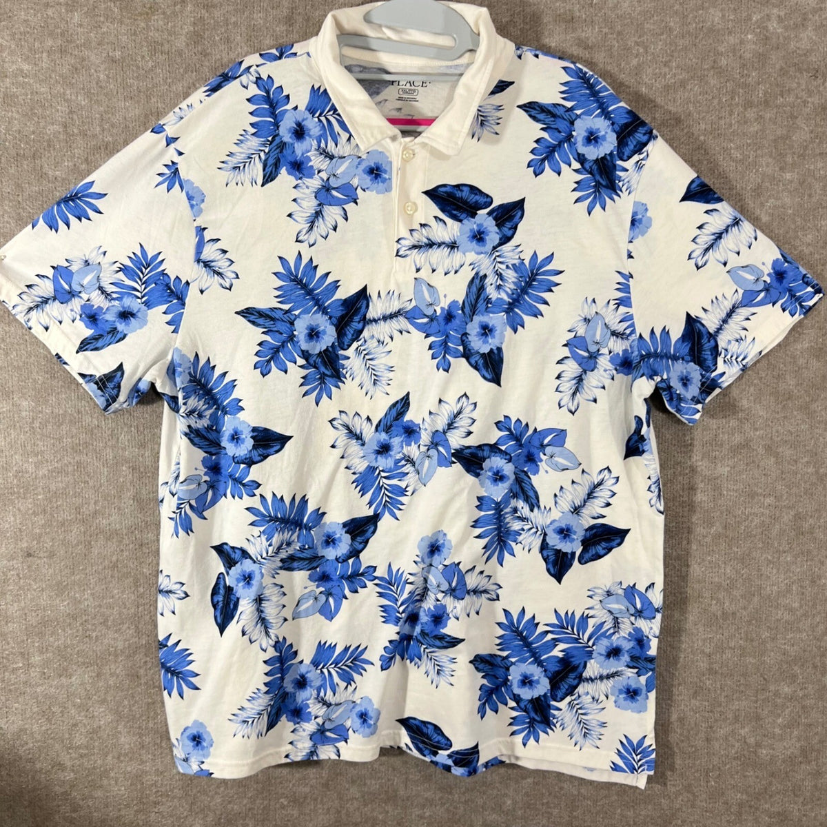 Place Floral Polo Shirt Mens XXL Blue White Tropical Hibiscus Boho