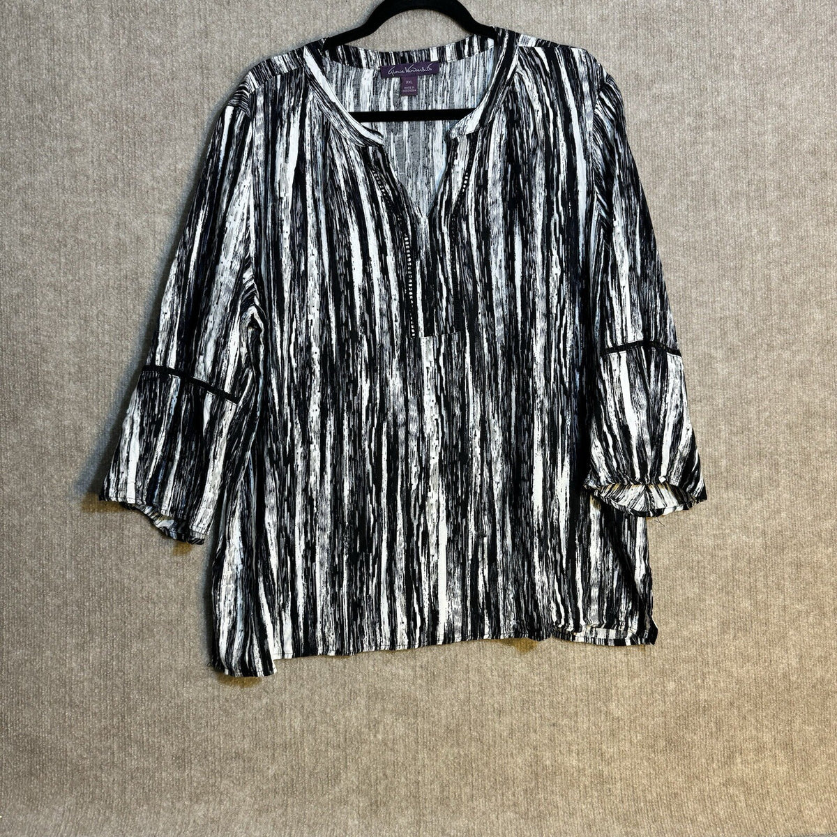 Gloria Vanderbilt Blouse Womens 2XL Black White Relaxed Bell Sleeve Boho Tunic