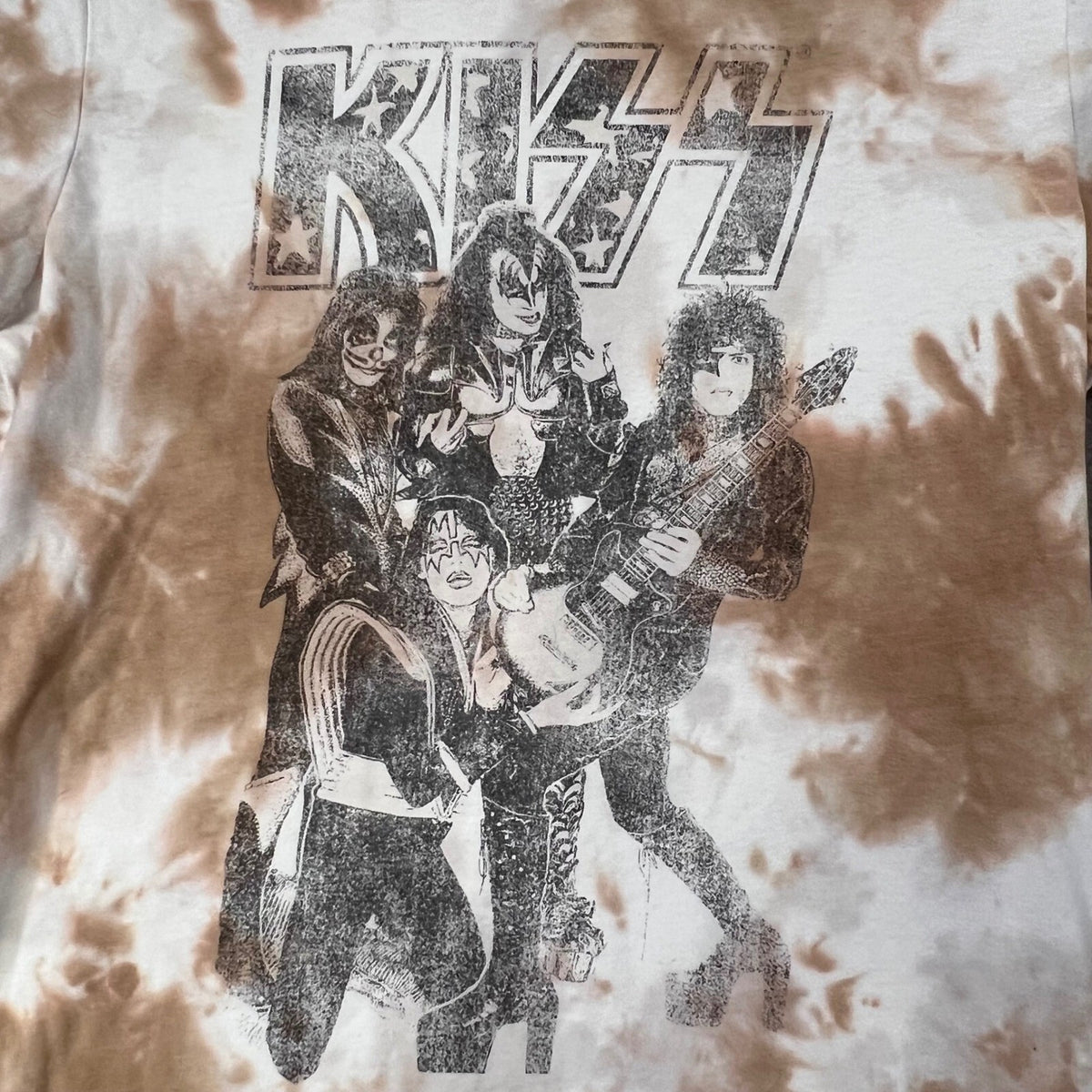 KISS Band T-Shirt Tan Brown MED Tie Dye Graphic Tee Rock and Roll Music Medium